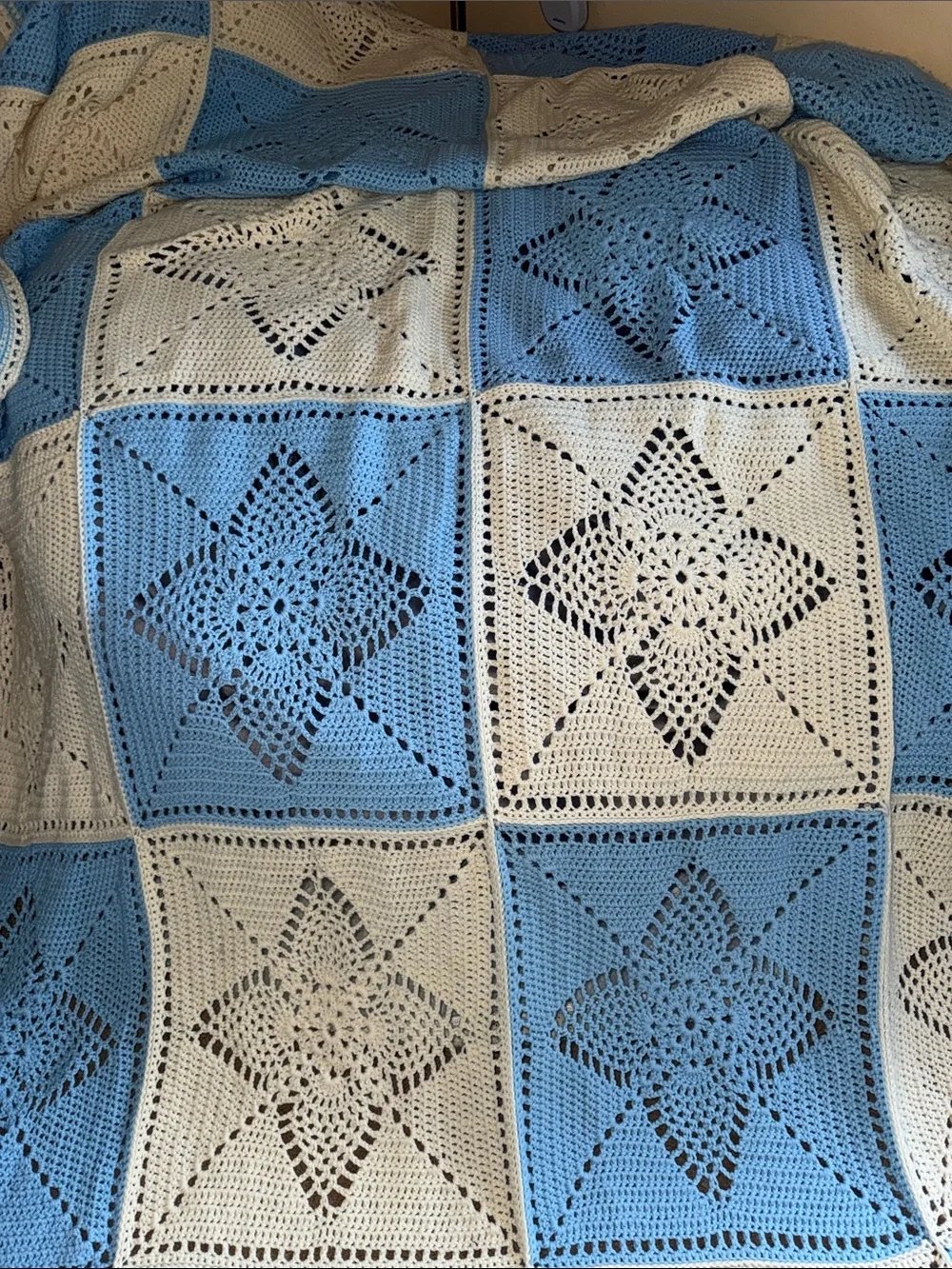Hand Crafted Blue and Cream Crochet Star Patchwork Throw Blanket